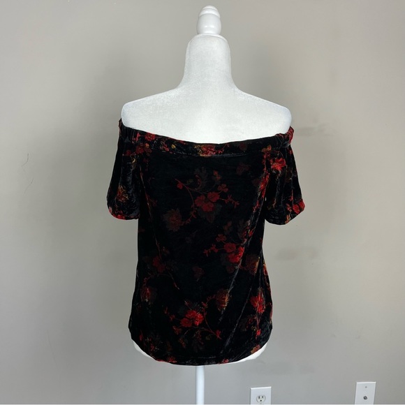 LOFT VELVET FLORAL OFF THE SHOULDER SHORT SLEEVE TOP SIZE XS PETITE BLACK/RED - Picture 8 of 16
